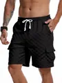 Detailed shot of men's black checkerboard jacquard casual shorts with white drawstring. - S / Bottoms / Black
