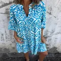Blue and white printed V-neck casual pleated dress for women in soft stretch fabric - S / Dresses / Sky Blue