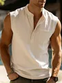 Close-up detail of beige linen sleeveless Henley shirt with buttoned chest pocket - S (EU Size) / Tops / Apricot