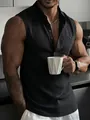 Close-up detail of black sleeveless linen Henley shirt for men in a modern kitchen setting - Black