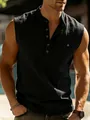 Detailed view of black sleeveless Henley shirt with linen texture and chest pocket. - S (EU Size) / Tops / Black