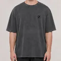 Close-up of the vintage charcoal washed cotton T-shirt with embroidered chest logo. - S / Tops / Dark Grey Washed