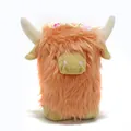 Scottish Highland cow plush toy with orange long fur and a pink floral crown decoration - Orange Pink
