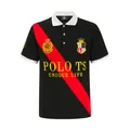 Detailed view of British style men's cotton polo shirt with contrast red diagonal stripe - 3XL / Tops / Red Black Contrast