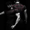 Men's compression t-shirt with gothic red print for gym fitness and sports training - S / Tops / Black Grey Red