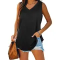 Casual women's V-neck sleeveless tank top with a loose tunic fit in solid black color - S / Tops / Black