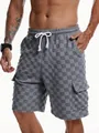 Close-up of men's grey checkerboard jacquard casual cargo shorts with drawstring. - Gray