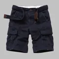 Classic navy blue men's cargo shorts featuring multi-pockets and an included woven belt - L/32 / Bottoms / With Belt / Sapphire Blue