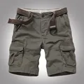 Premium men's olive green multi-pocket cargo shorts with durable brown woven belt - L/32 / Bottoms / With Belt / Light Army Green