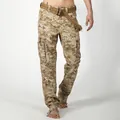 Men's desert digital camouflage cargo pants with multi-pockets and woven belt - 38 / Bottoms / Desert Camouflage (1866)