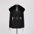 Detailed shot of black blazer with detachable fur collar and double buckle belt. - S / Tops / Black