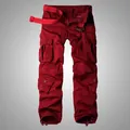 Durable men's wine red cargo pants with multiple pockets and matching fabric belt - 30/M / Bottoms / Wine Red (3357)