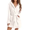 Albornoz acogedor con capucha de felpa blanca para mujer, bata de dormir cálida invierno - S / Bata / Blanco