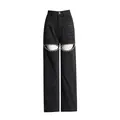 Detailed view of high-waisted black wide-leg jeans with unique rhinestone cut-out accents. - XL / Black
