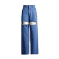 Detail view of high-waist wide-leg jeans with unique rhinestone cutout knee design. - XL / Dark Blue