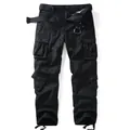 Classic black men's cargo pants with multi-pockets and adjustable woven belt detail - 30/M / Bottoms / Black