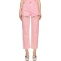 High-waisted pink wide-leg jeans featuring unique rhinestone cut-out design details - S / Pink
