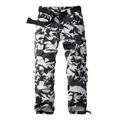 Men's black and white camouflage cargo pants with multi-pockets and a black belt - 30/M / Bottoms / Black Hawk Camouflage