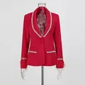 Detailed view of elegant red women blazer featuring rhinestone trim and red ostrich feather cuffs - M / Tops / Red
