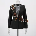 Elegant black blazer jacket with 3D floral applique and gold embroidery on mannequin - S / Tops / Black