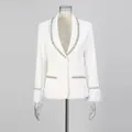 Detailed view of an elegant white blazer with rhinestone trim and feather cuffs - M / Tops / White