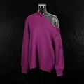 Detail showing the rich texture and elegant off-shoulder design of this purple knit sweater - One Size / Tops / Purple