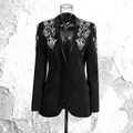 Elegant black blazer for women featuring deep V-neck and sparkling rhinestone shoulder details. - S / Tops / Black