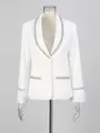 Elegant white blazer featuring rhinestone trim and luxurious feather cuffs design - White