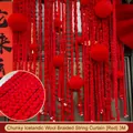 Red velvet braided chain with plush balls for festive storefront decoration, 3 meters. - Braided Iceland Wool Cord (3m) / Red