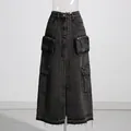 High-waisted dark wash denim cargo maxi skirt featuring multiple utility pockets and slit - S / Bottoms / Dark Gray