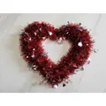 Red tinsel heart-shaped wreath with holographic heart sequins for Valentine's Day decor - Red Wreath Silver Heart