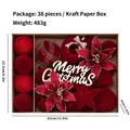 Set de 38 piezas de bolas y flores de Navidad de terciopelo rojo en caja de kraft - Juego de 38 piezas / Burdeos