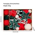 Set de 38 adornos navideños flocados rojo verde blanco en caja de cartón kraft - Juego de 38 piezas / Rojo Verde Crema
