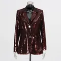 Front view detail of a stylish dark red sequined blazer with lapels and buttons - M / Tops / Burgundy