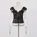 Detail of vintage black lace and satin V-neck flutter sleeve short top for women - S / Tops / Black