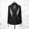 Detail of black double-breasted blazer with silver rhinestone floral embroidery - S / Tops / Black