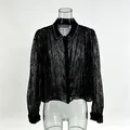 French style black lace long sleeve shirt with studded collar detail - Black