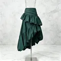 Sophisticated dark green high-waisted midi skirt with tiered ruffles and asymmetric draped hem - S / Green