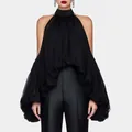 Elegante schwarze Neckholder-Bluse im französischen Stil mit plissierten Puffärmeln und Schulterfrei - S / Oberteile / Schwarz