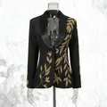 Detail of luxury black blazer featuring heavy gold leaf embroidery and deep V-neckline. - S / Tops / Black