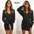 Sexy black V-neck wrap mini dress with long sleeves and adjustable waist tie belt - Black