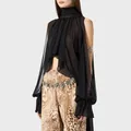Elegante camicia in chiffon nero con collo alto e maniche a fessura - Taglia S / Top / Nero