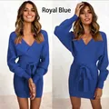 Elegant royal blue V-neck bodycon knit dress with adjustable waist tie - Royal Blue