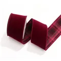 Premium deep red velvet ribbon with black plaid pattern for elegant Christmas gift wrapping - 6.3cm x 5 Yards / Burgundy