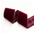Deep red velvet ribbon with red and black plaid backing for Christmas gift wrapping - 10cm x 5 Yards / Burgundy