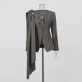 Detail view of a grey slim-fit blazer with unique asymmetrical draped scarf decor. - S / Tops / Army Green