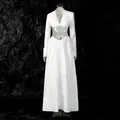 Full view of white long sleeve deep V-neck crop top and pleated maxi skirt two-piece set. - S / Top And Bottom / White