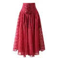Gonna lunga vintage in pizzo jacquard rosso con lacci a vita alta molto elegante - Taglia S / Pantaloni e gonne / Rosso