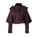 Elegant burgundy cropped lapel jacket with belted waist and irregular hem design. - S / Tops / Coffee