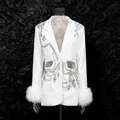 Elegant white luxury rhinestone blazer featuring cutout waist details and faux fur cuffs - M / Tops / White